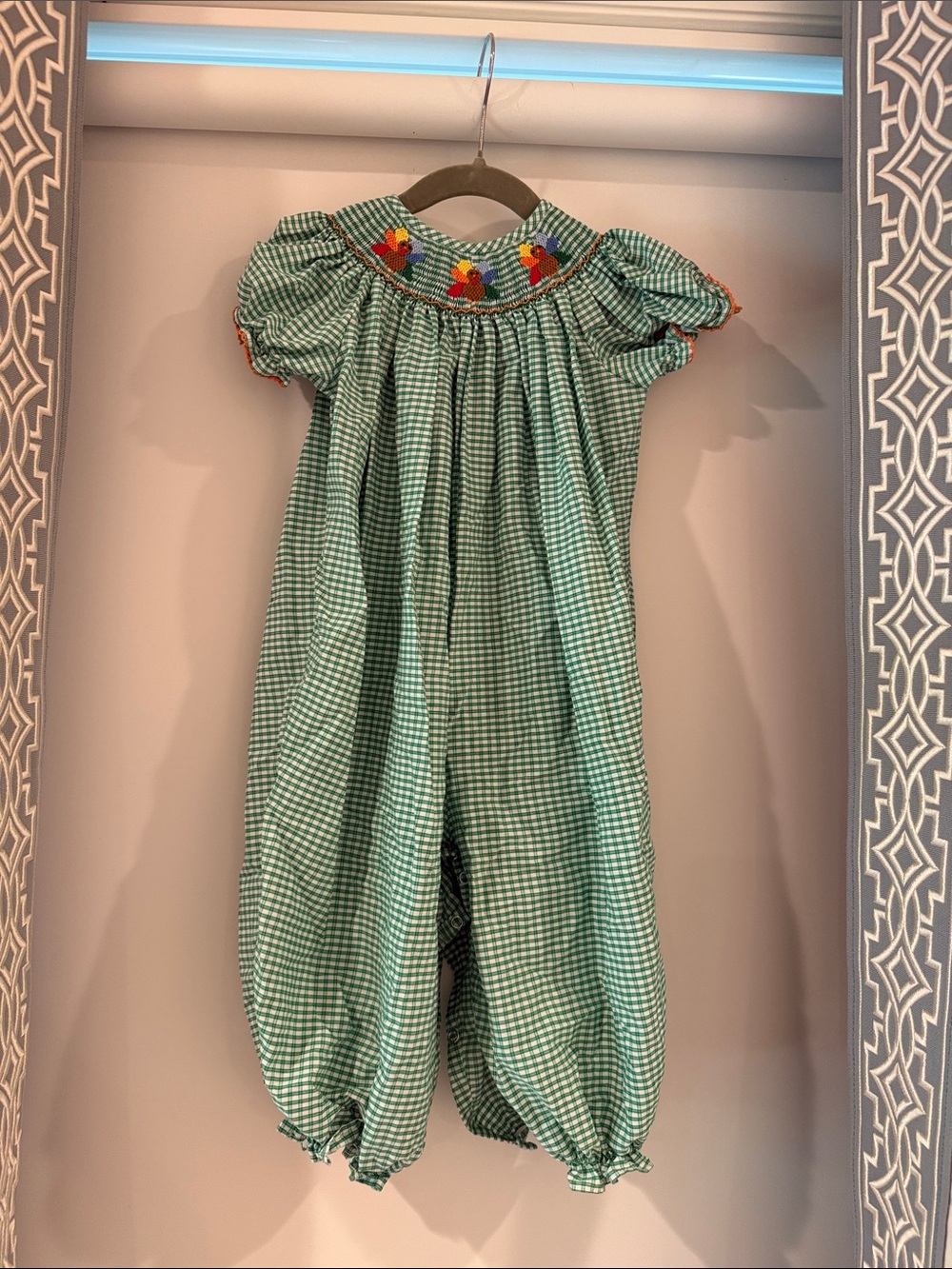 Gingham Smocked Girls' One-Piece Turkey in Green